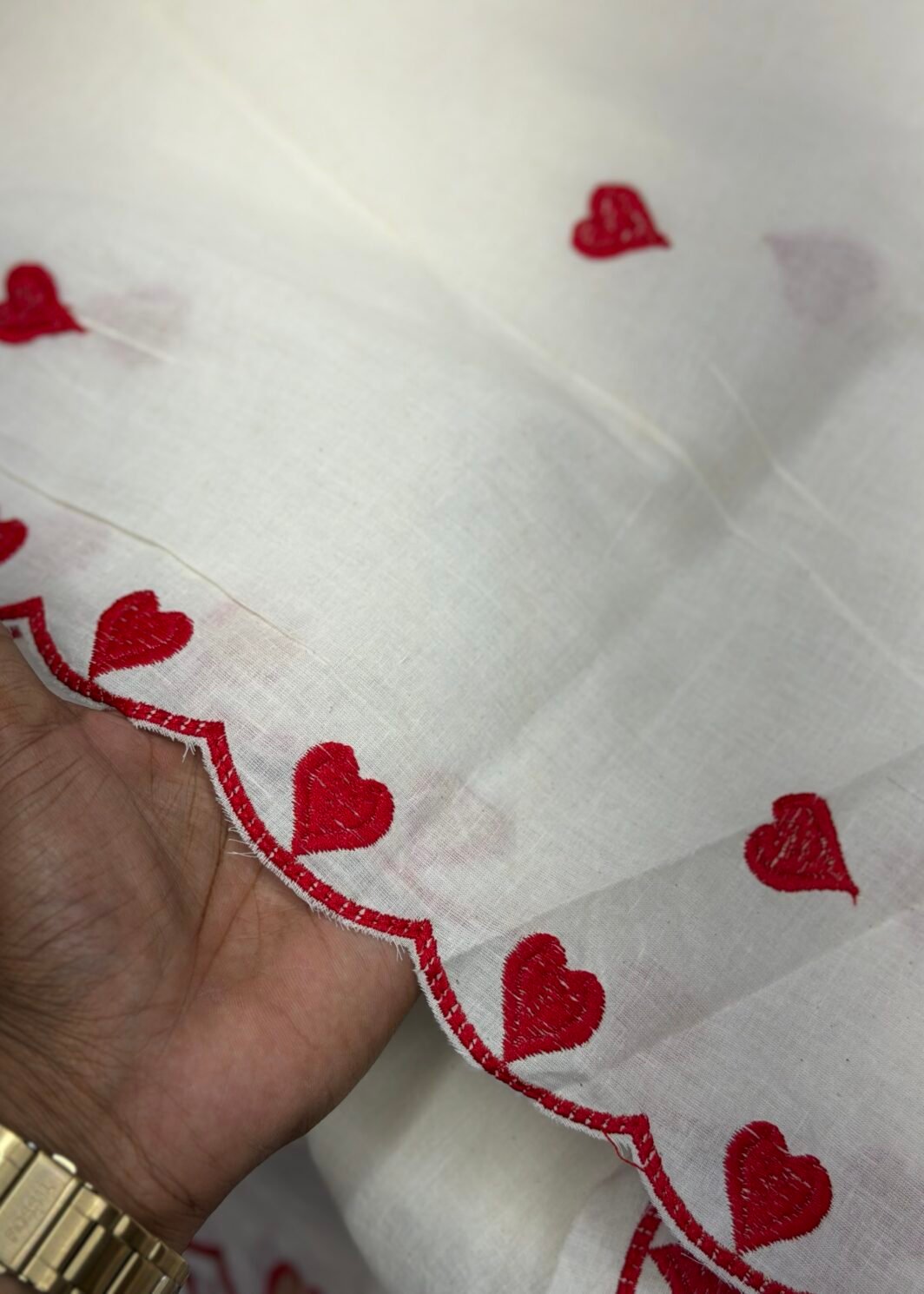 Read heart cutwork fabric
